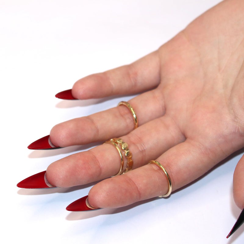 Allkem Press On Nails - Black Red Bottoms Glossy Extra Long Sculpted Stiletto 2 Set Bundle | 10 sizes - 20 pcs Nail kit with Glue - Image 4